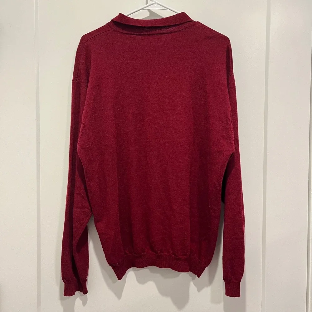 Consensus Mens Merino Wool Long Sleeve Polo Sweater Burgundy‎ Red Made in UK L